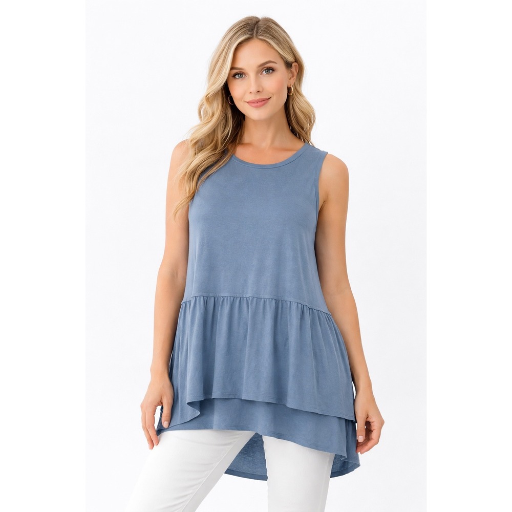 Mote Women XXL Dusty Blue Tiered Ruffle High Low Sleeveless Tunic Tank Top Modal